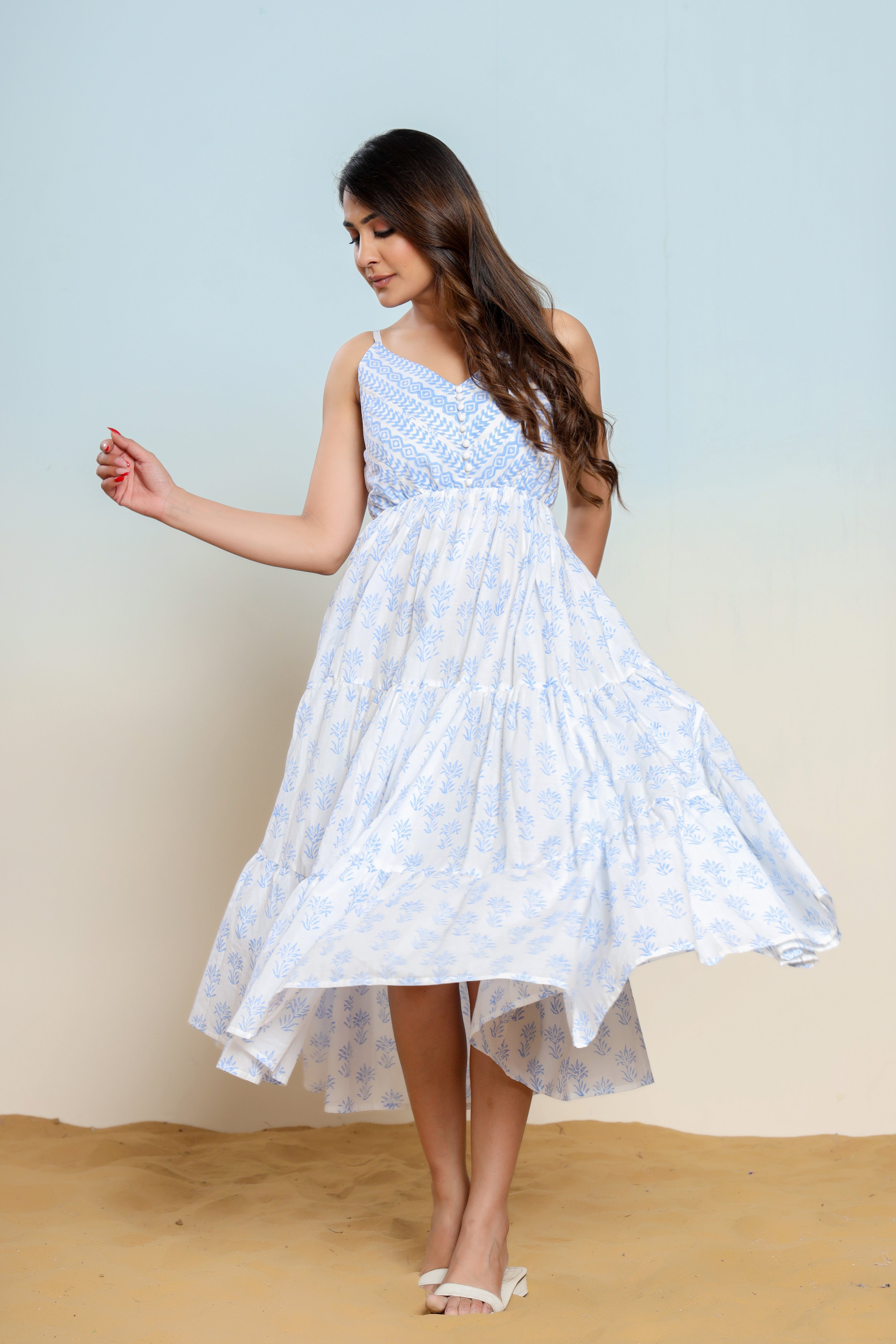 Powder Blue and White Printed Cotton Maxi Dress - qivii