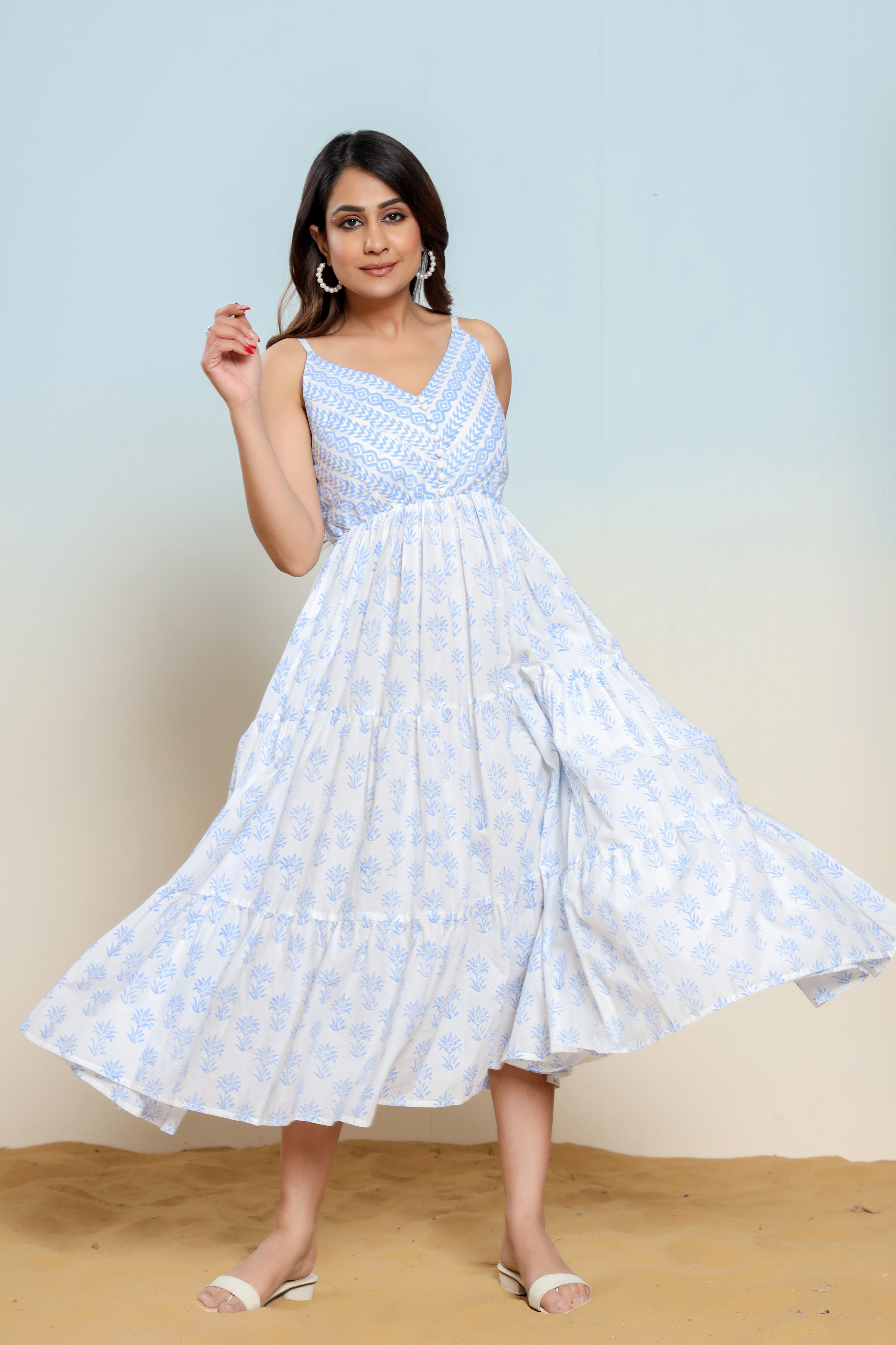 Powder Blue and White Printed Cotton Maxi Dress - qivii