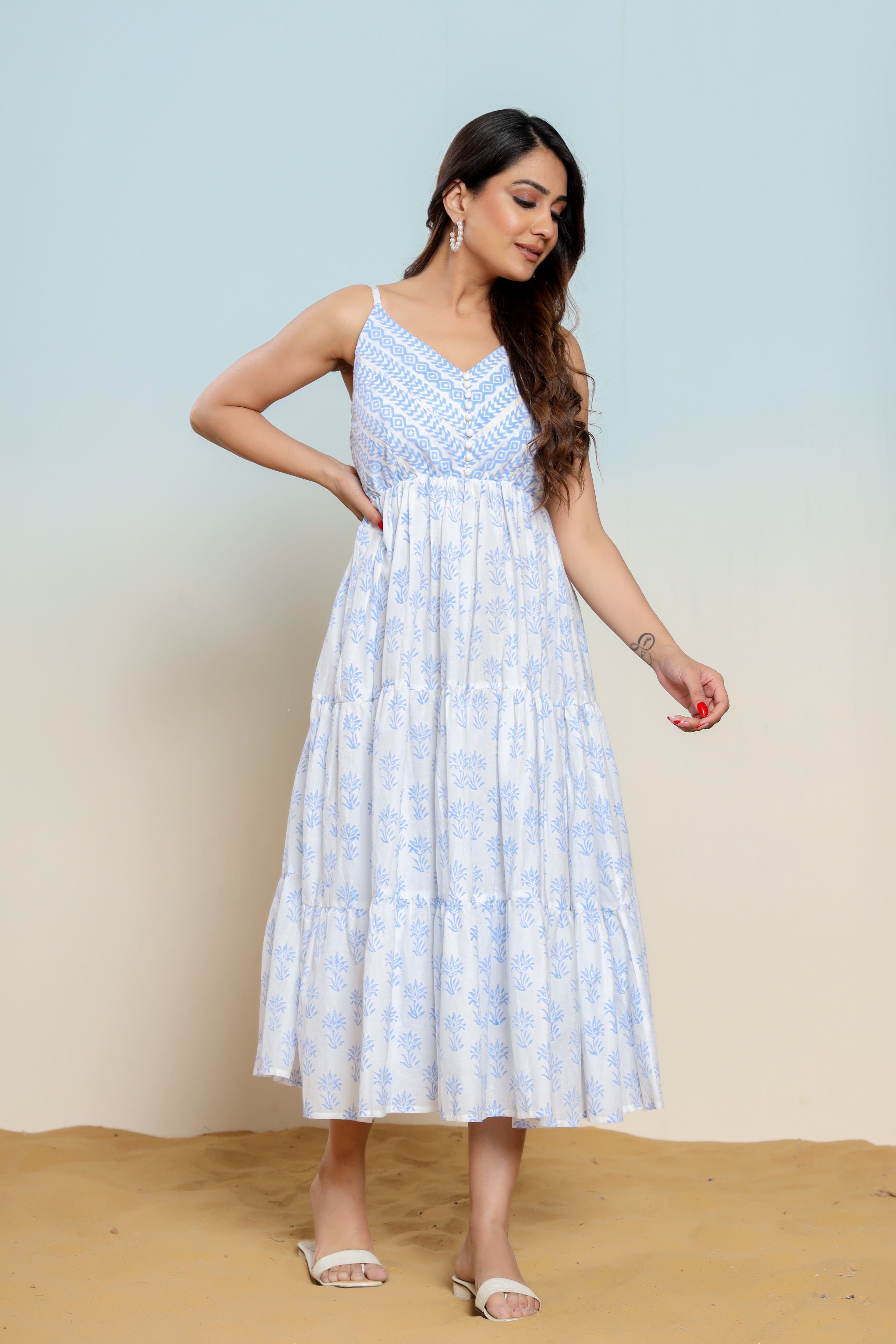 Powder Blue and White Printed Cotton Maxi Dress - qivii