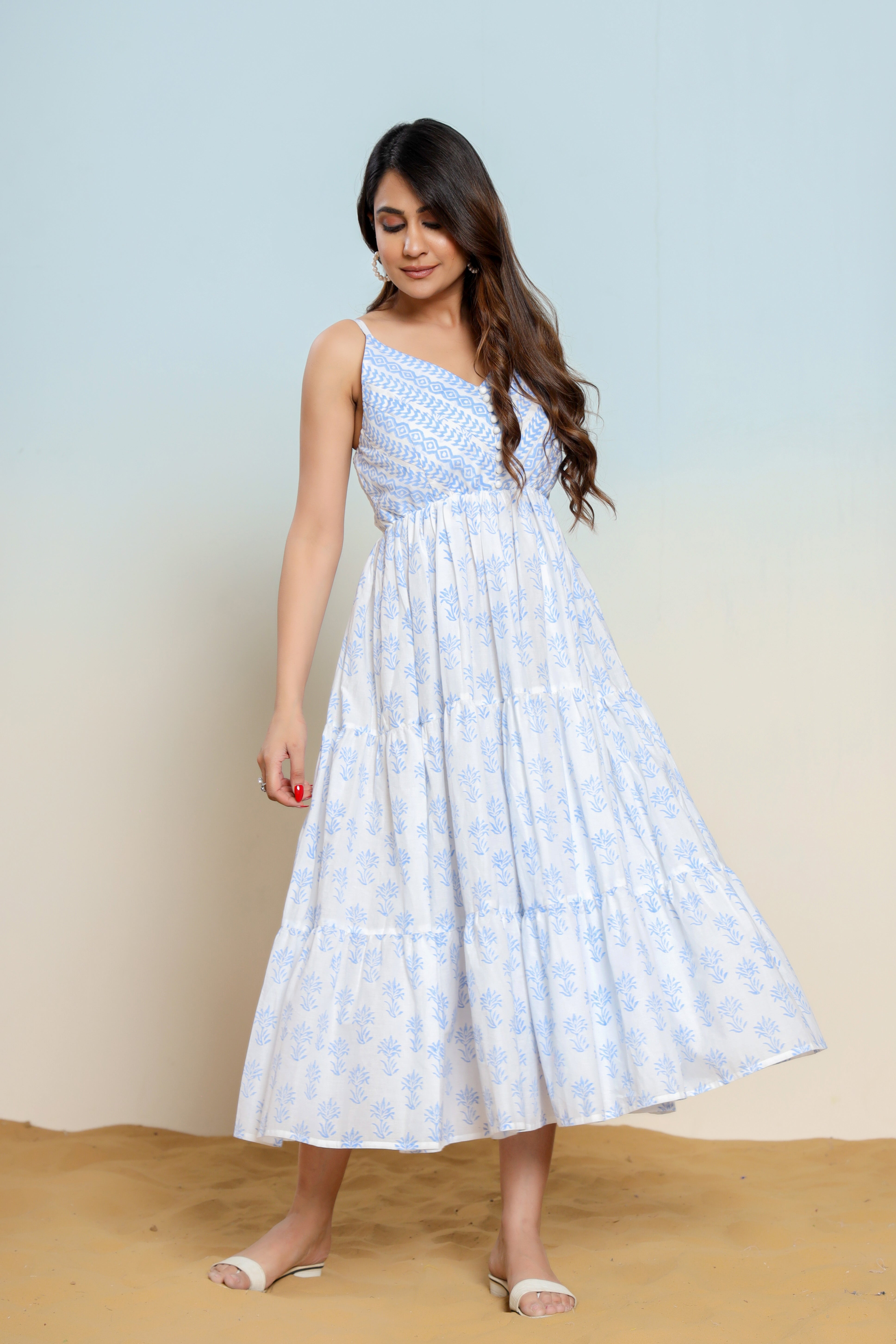 Powder Blue and White Printed Cotton Maxi Dress - qivii