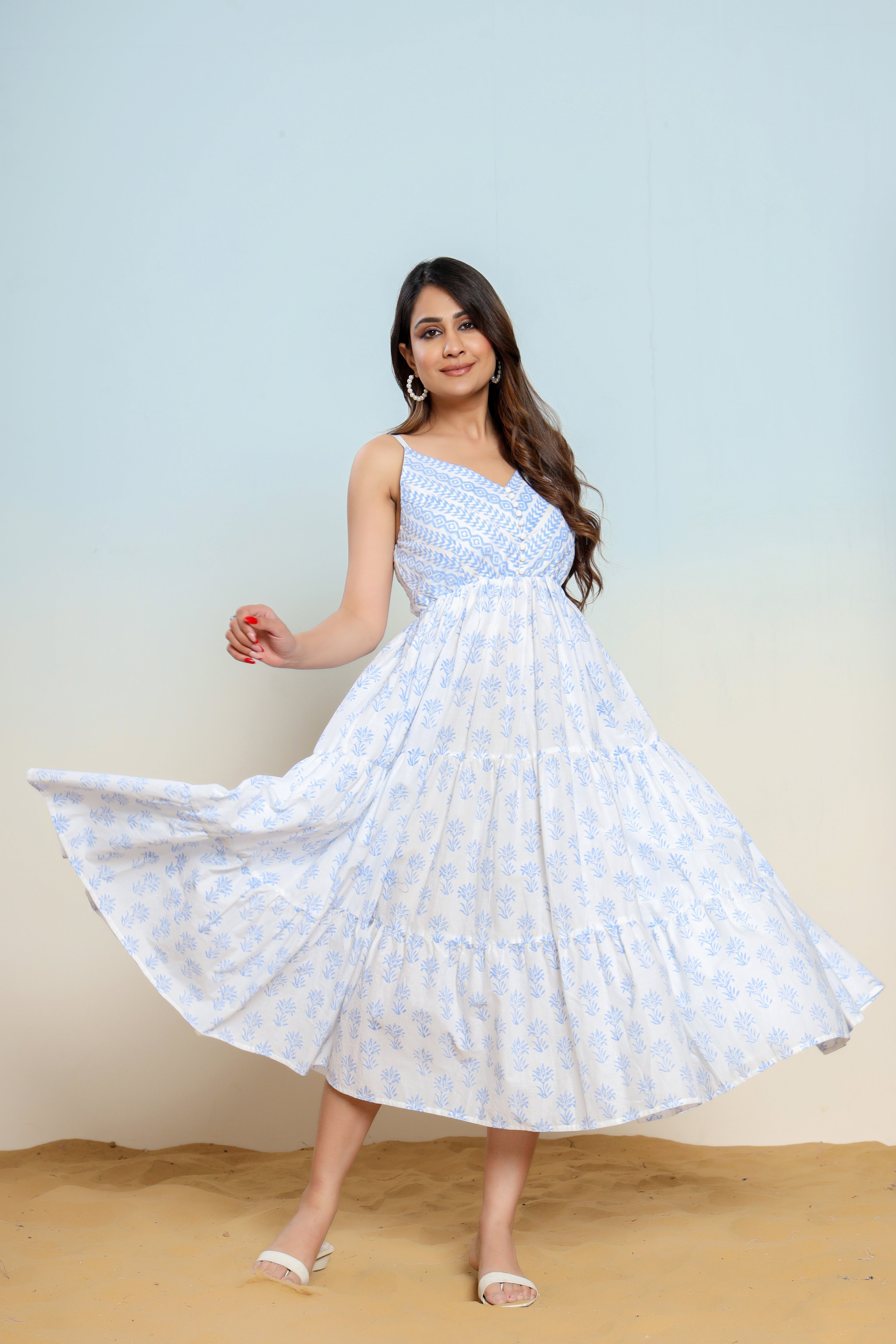 Powder Blue and White Printed Cotton Maxi Dress - qivii