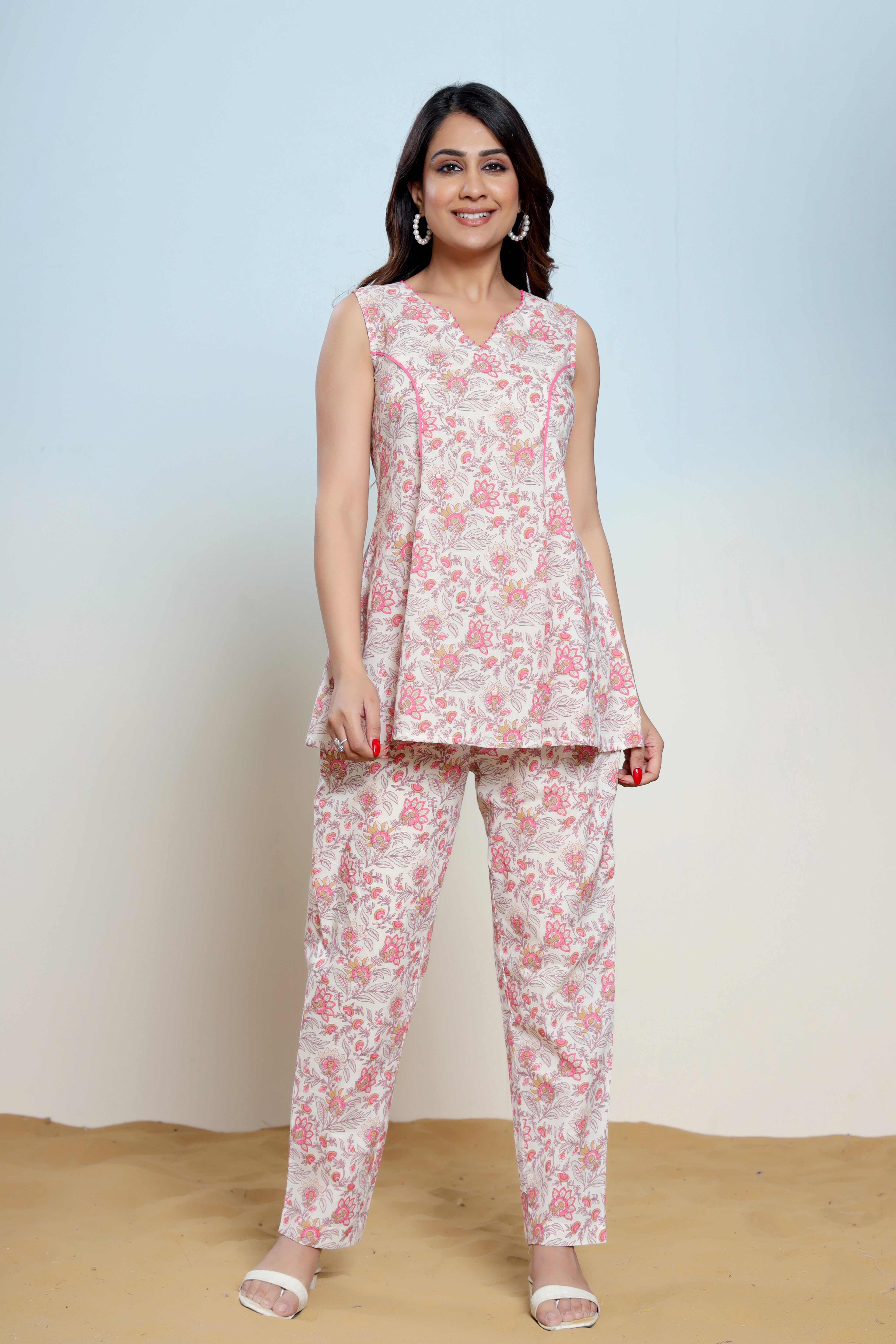 Mary Pink Cotton Hand Block Printed Co- Ord Set  - By Ragavi - qivii