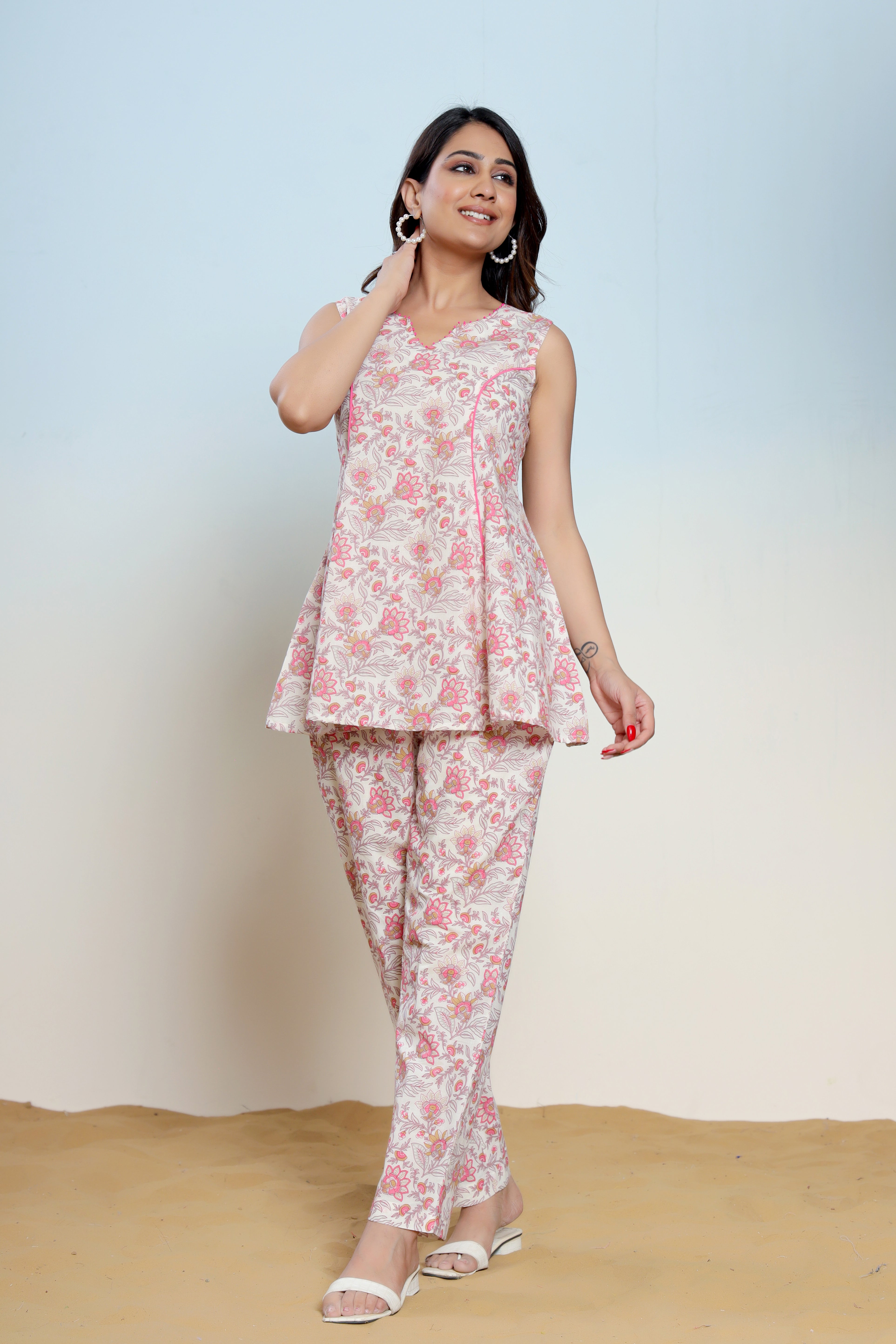 Mary Pink Cotton Hand Block Printed Co- Ord Set  - By Ragavi - qivii