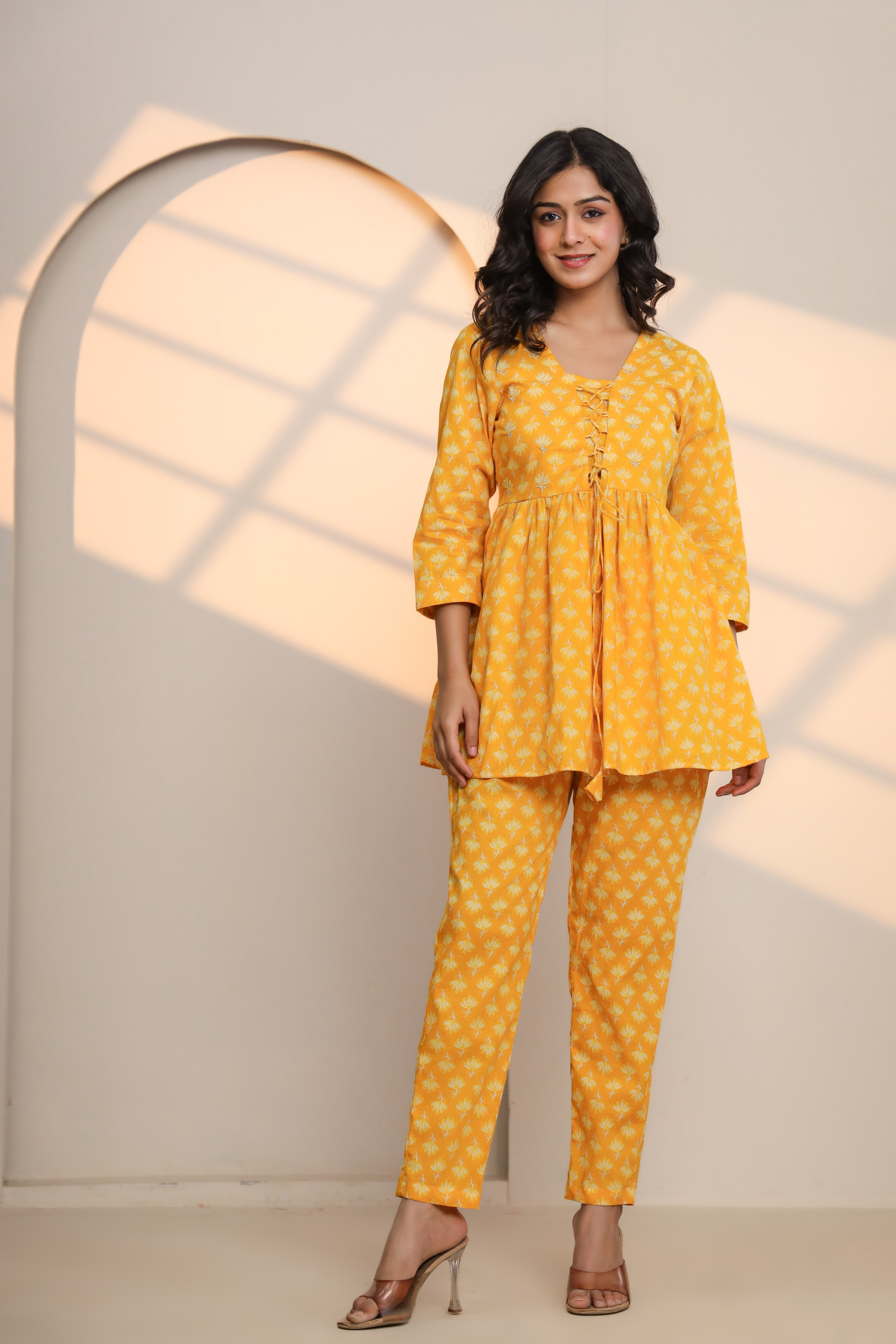 Yellow Cream Cotton Hand Block Printed Co- Ord Set  - By Ragavi - qivii
