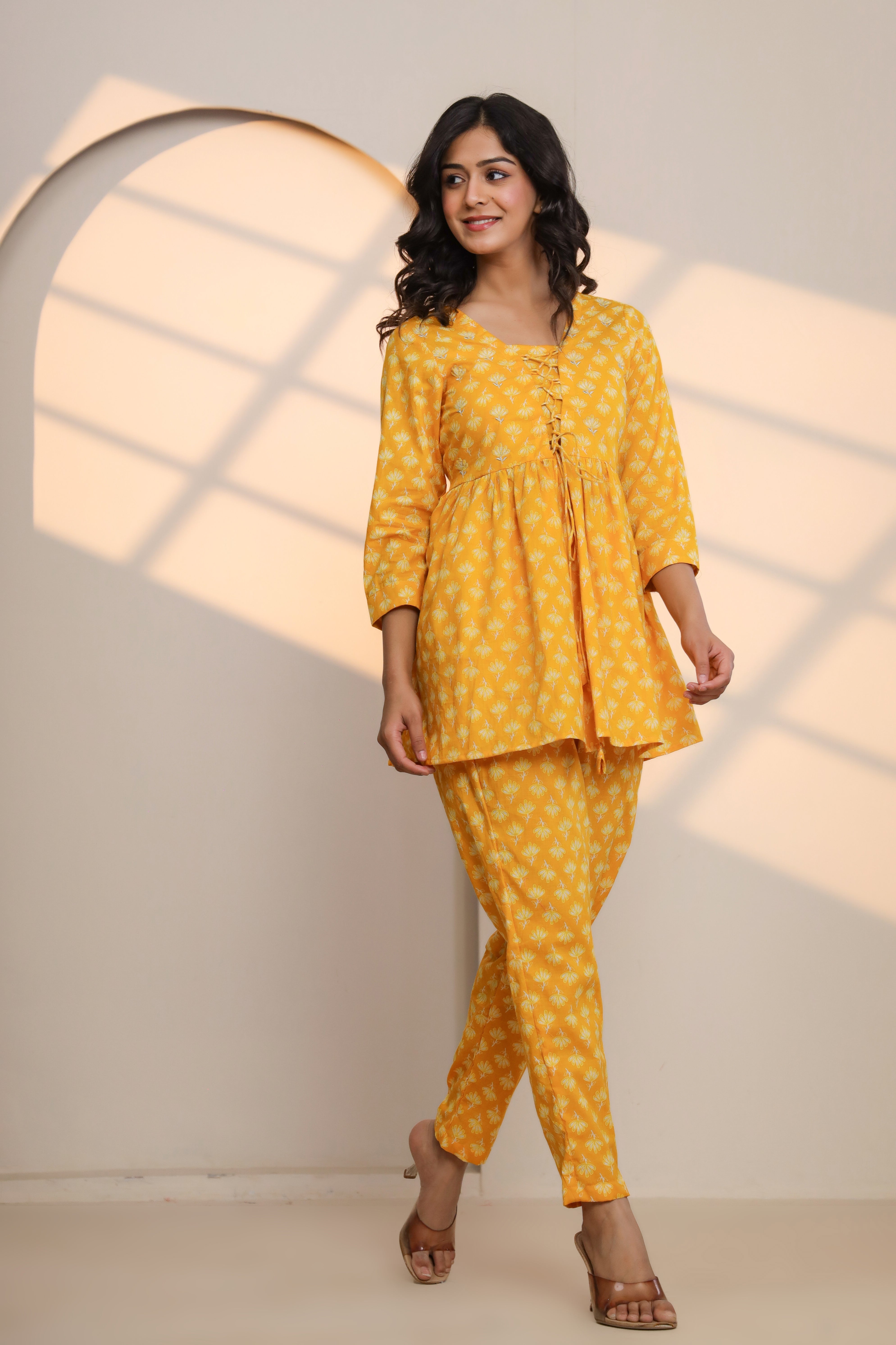 Yellow Cream Cotton Hand Block Printed Co- Ord Set  - By Ragavi - qivii