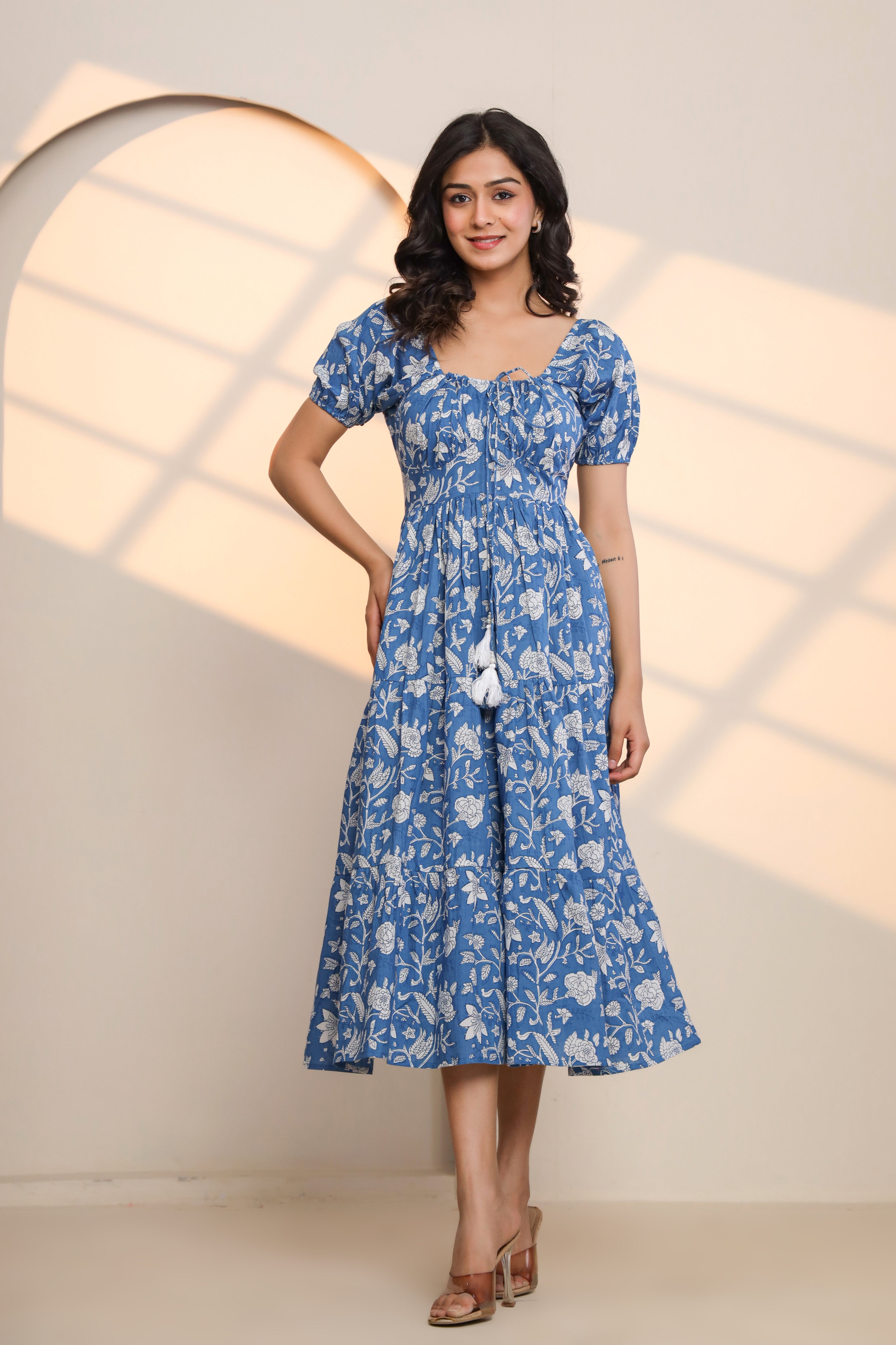 Azure Blue Hand Block Printed Midi Dress  - By Ragavi - qivii