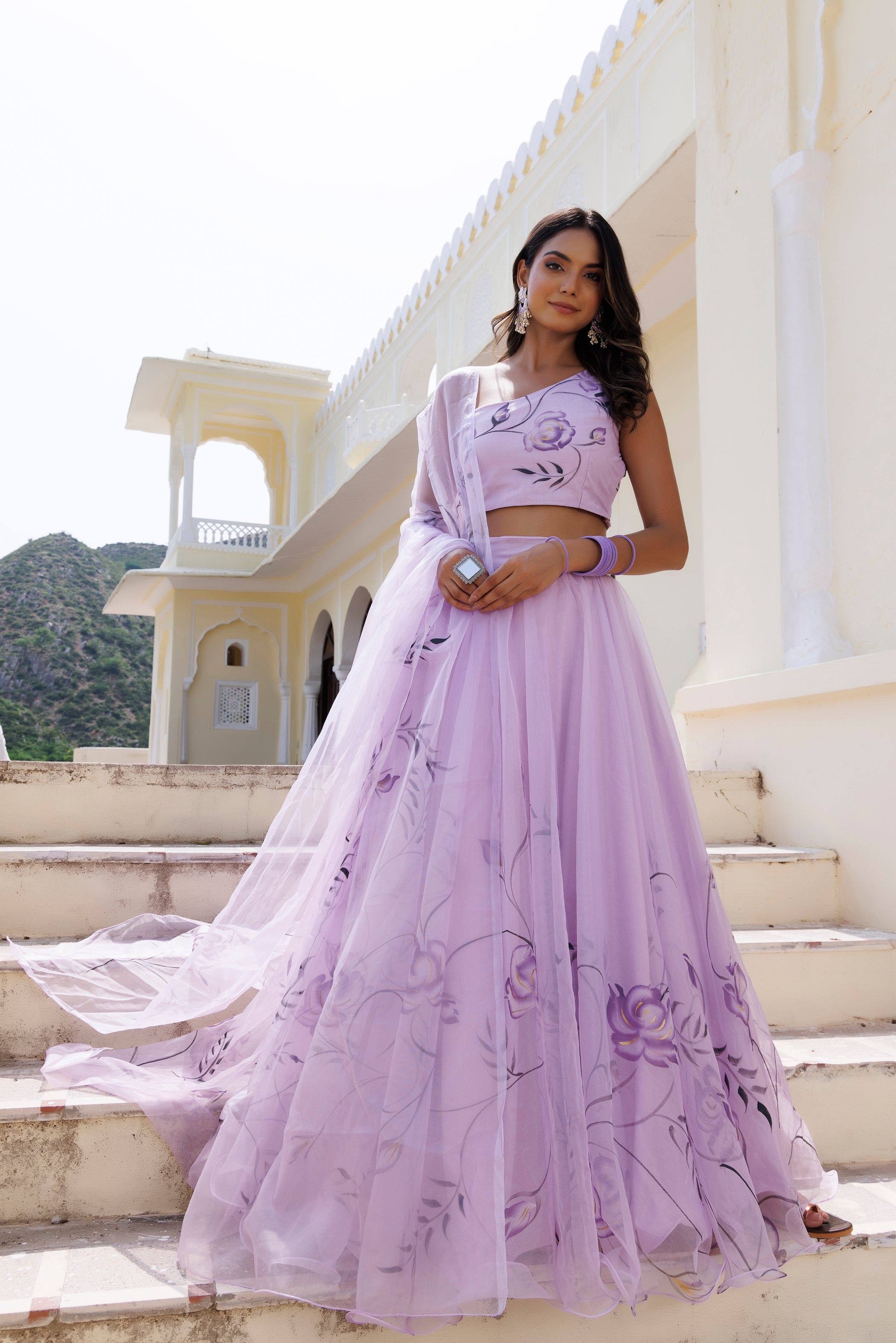 Purple Orchid Petal Brush Paint Lehenga Set  - By Ragavi - qivii