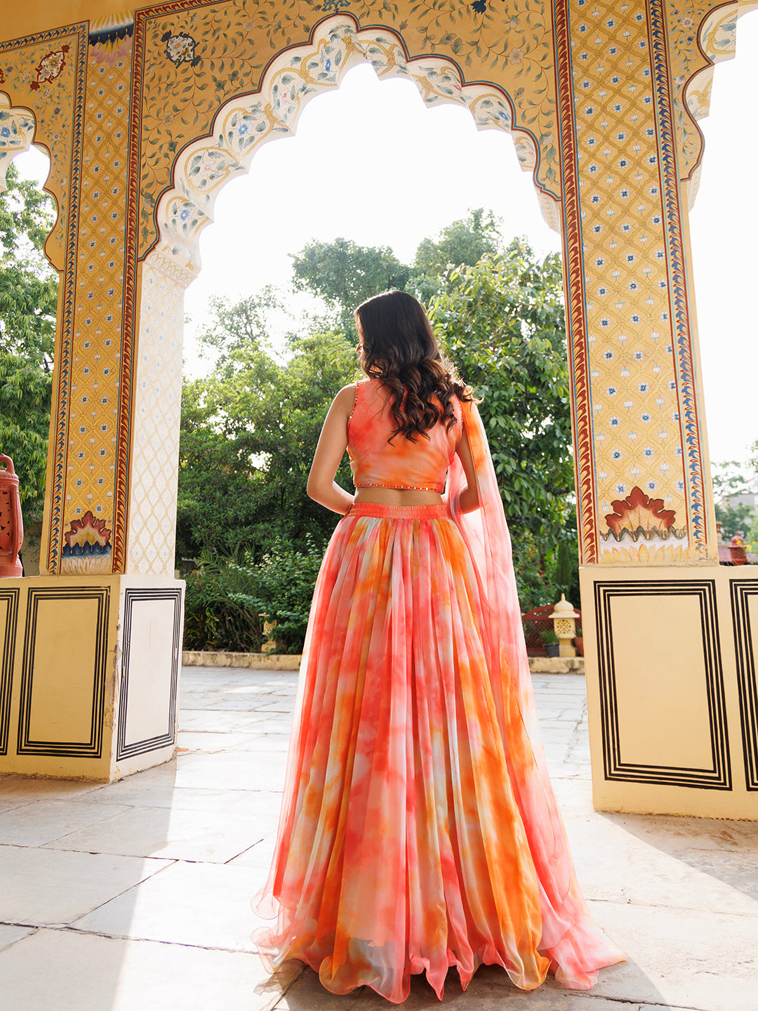   Close-up of the intricate floral embroidery of the lehenga skirt  