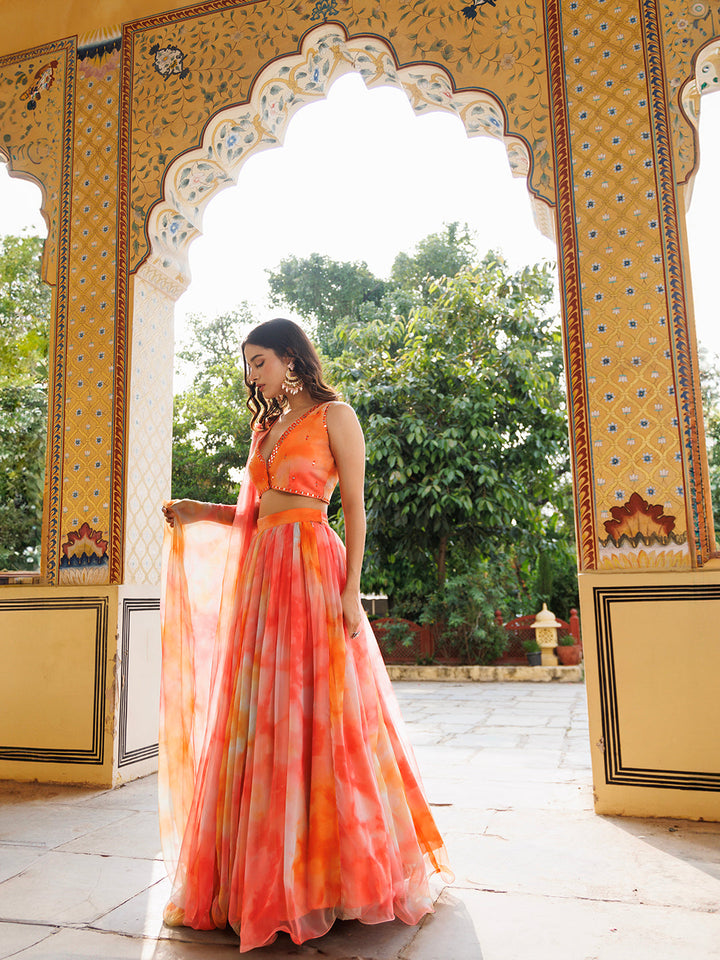 Beautiful Ethnic Indian Lehenga Set in Amberglow Orange and Pink Chiffon with Intricate Embroidery - By Ragavi