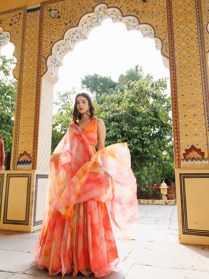 Amberglow Orange Pink Chiffon Lehenga Set  - By Ragavi