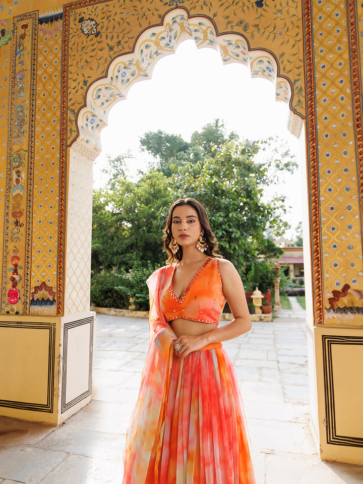   Side view of the lehenga set showcasing the elegant flare and drape