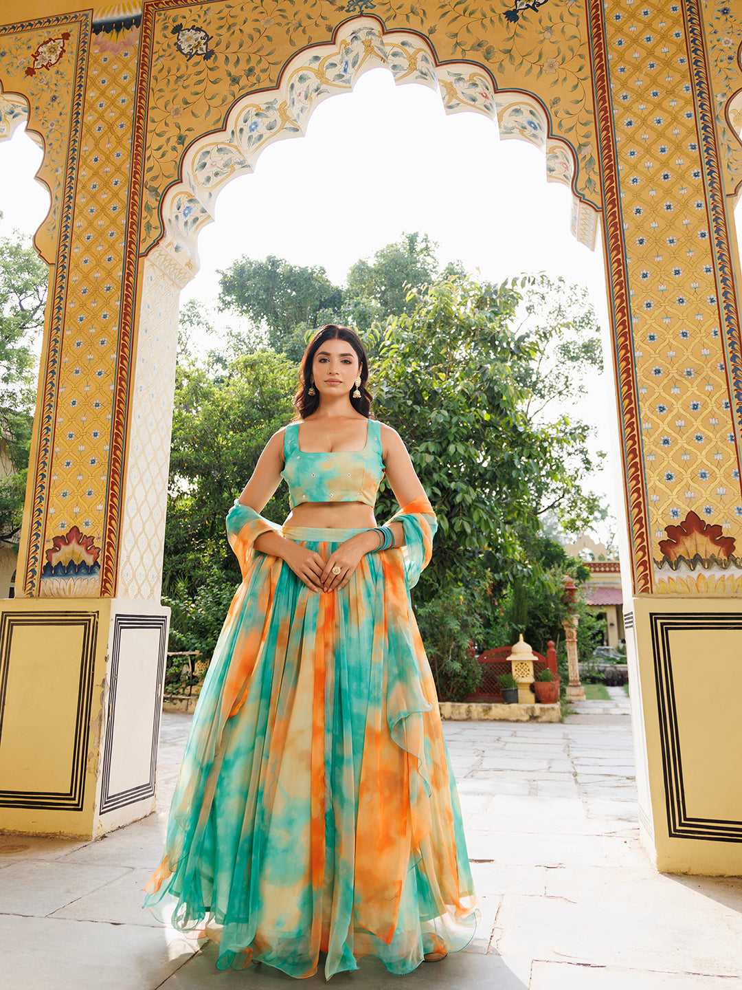 Elegant Nectarine Green Orange Chiffon Lehenga Set with Golden Zari Work