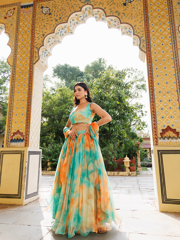 Nectarine Green Orange Chiffon Lehenga Set  - By Ragavi