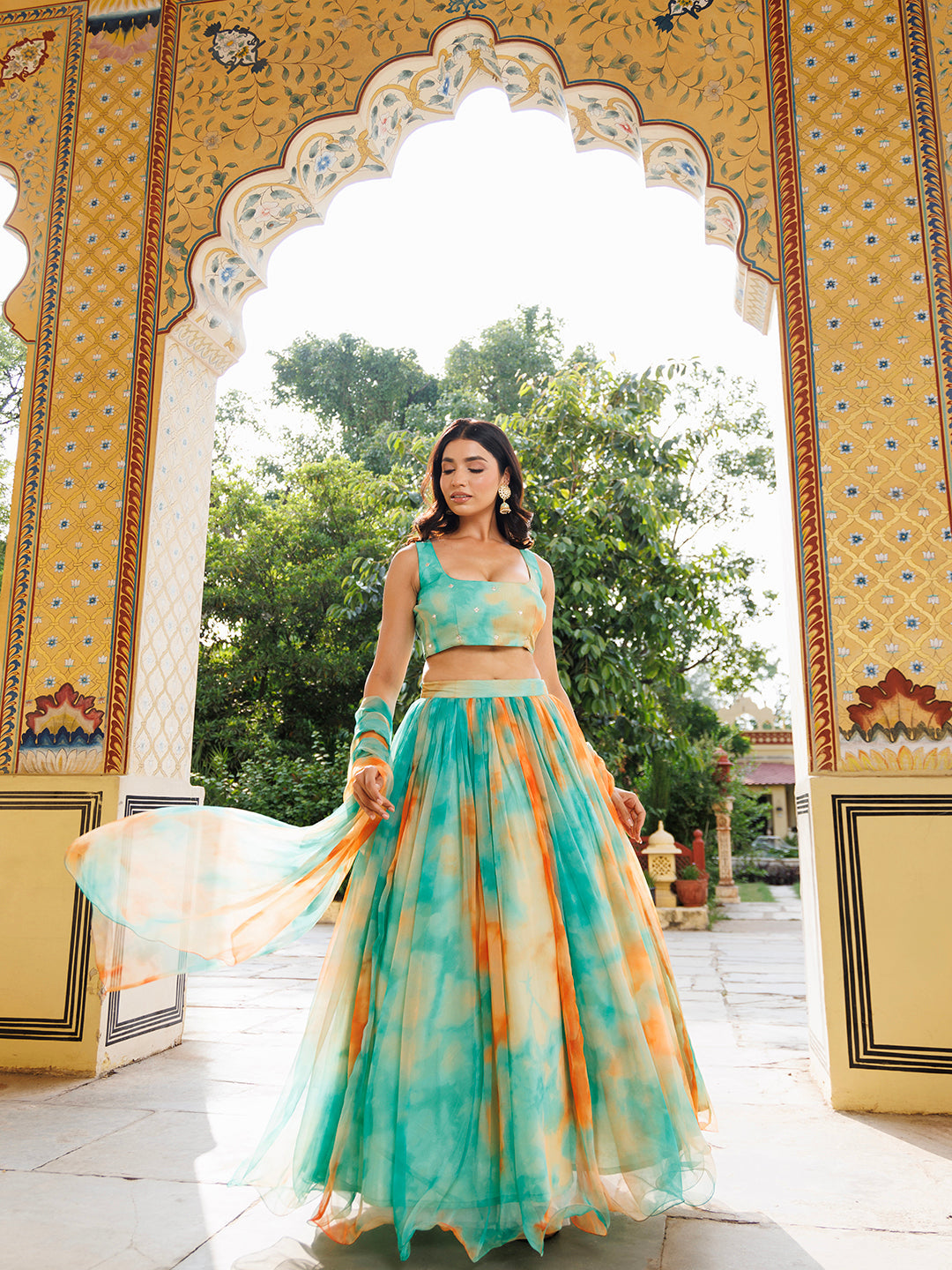 Nectarine Green Orange Chiffon Lehenga Set  - By Ragavi