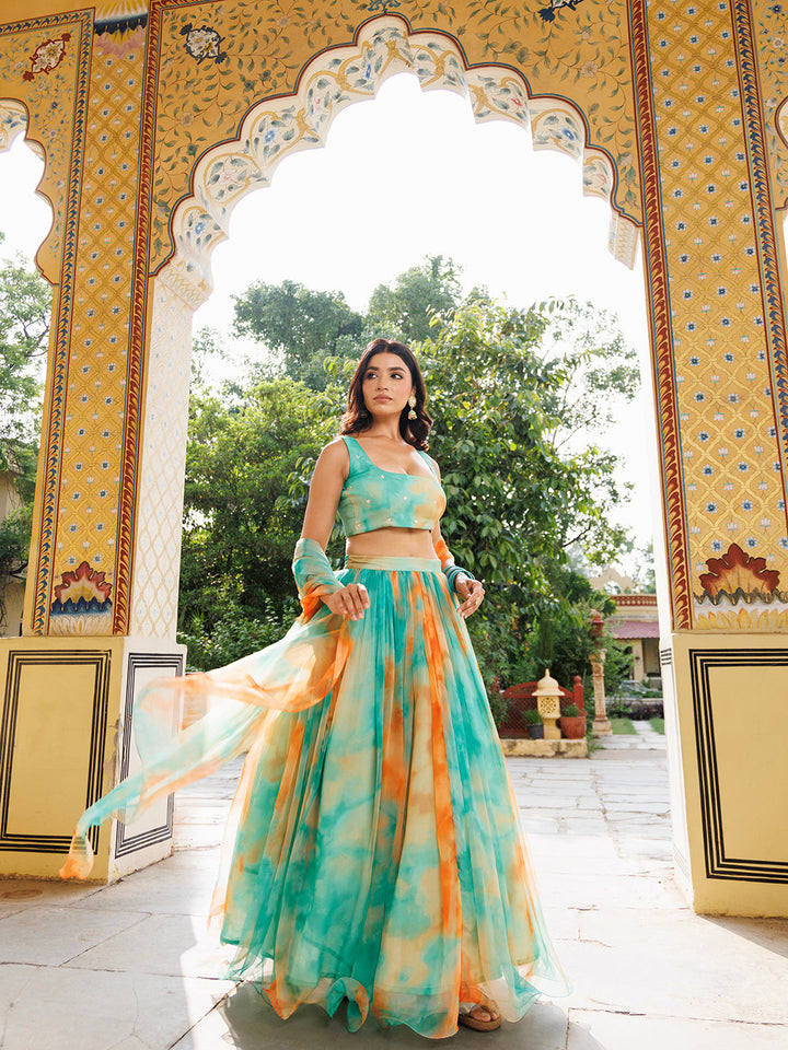 Stunning Nectarine Green Orange Chiffon Lehenga Set with Floral Embellishments