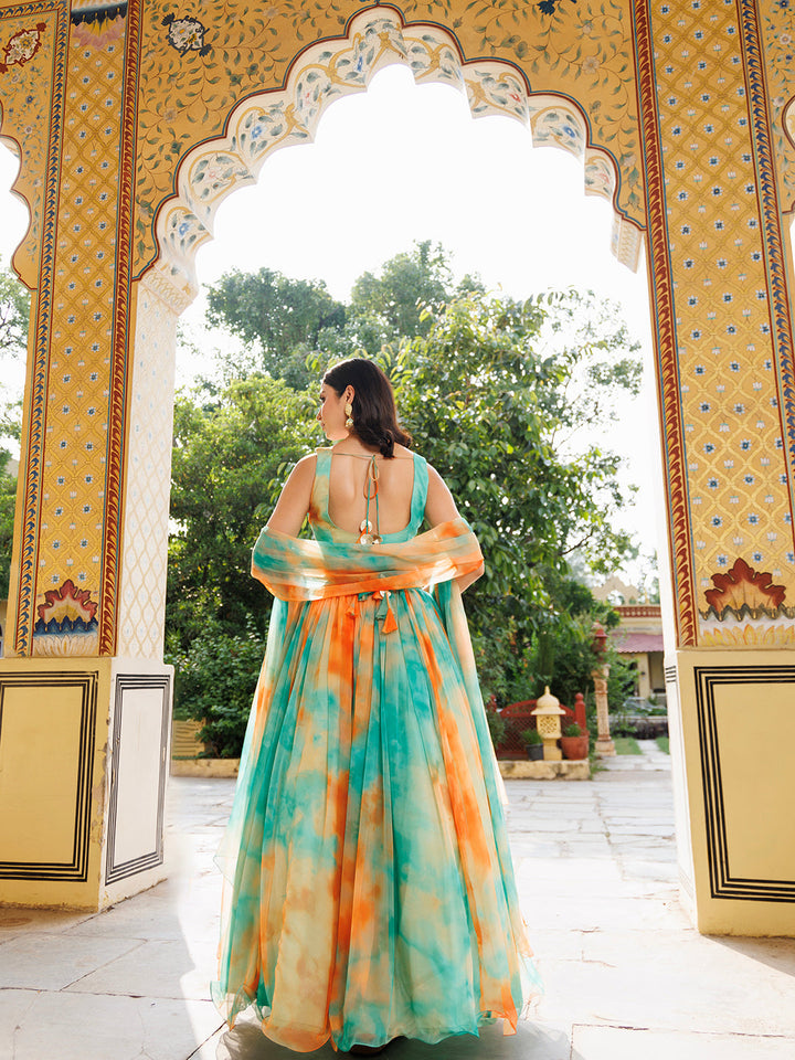 Beautiful Nectarine Green Orange Chiffon Lehenga Set by Ragavi, perfect for special occasions