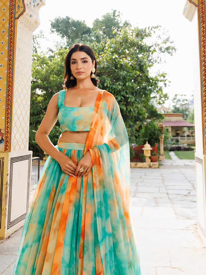 Nectarine Green Orange Chiffon Lehenga Set with Intricate Embroidery and Flared Skirt