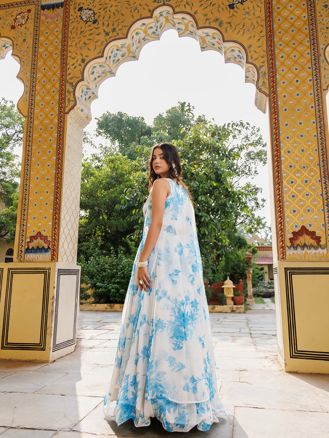 Hawaiian White Blue Floral Printed Chiffon Lehenga Set With Jacket  - By Ragavi - qivii