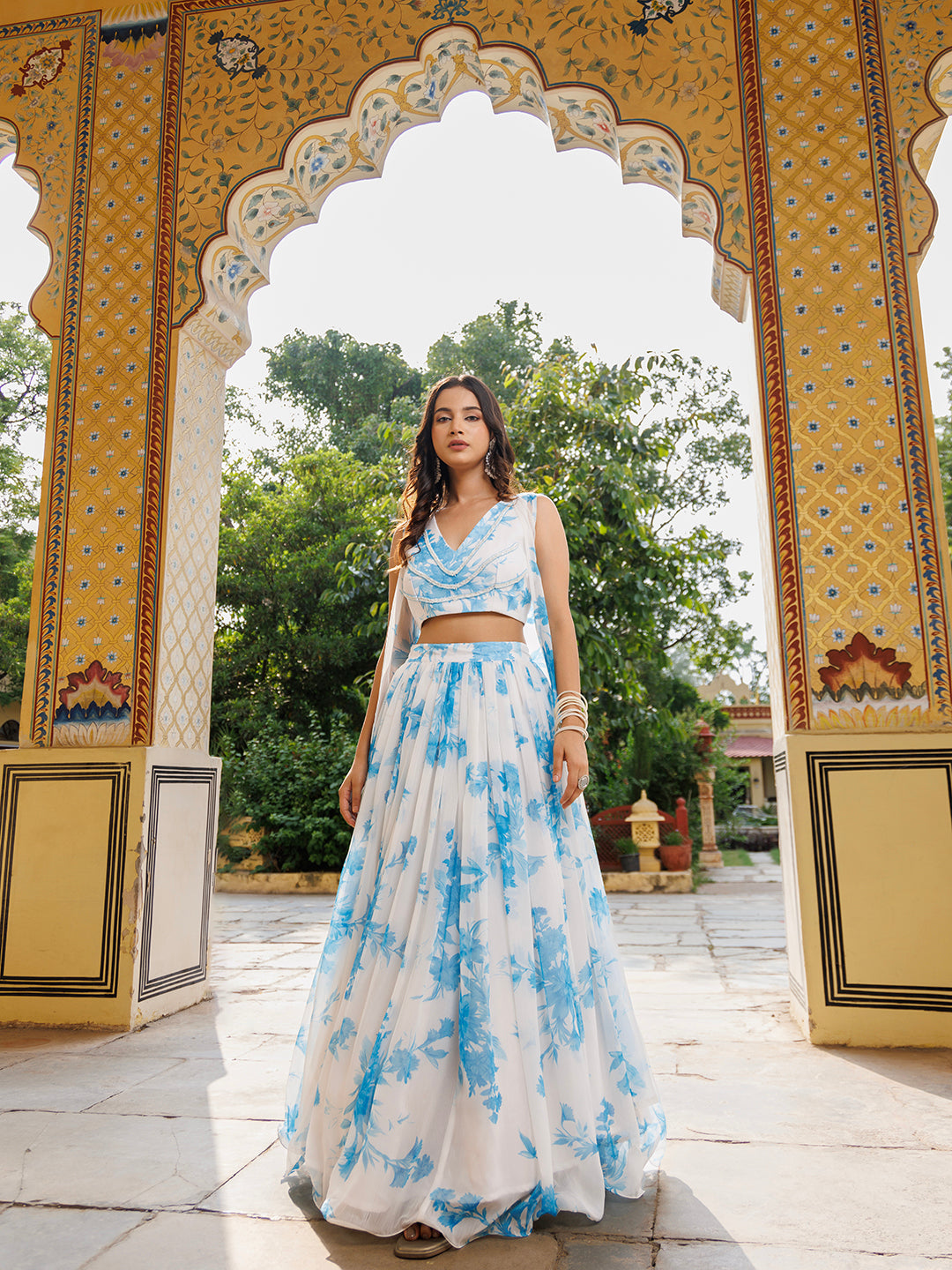 Hawaiian White Blue Floral Printed Chiffon Lehenga Set With Jacket  - By Ragavi - qivii