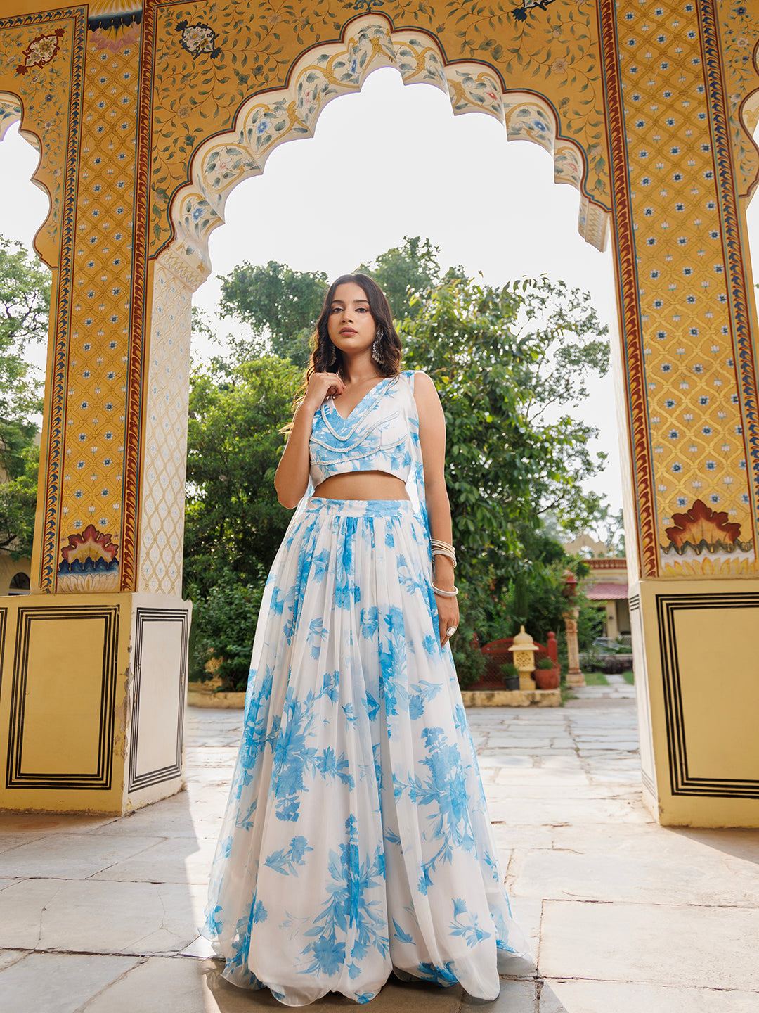 Hawaiian White Blue Floral Printed Chiffon Lehenga Set With Jacket  - By Ragavi - qivii