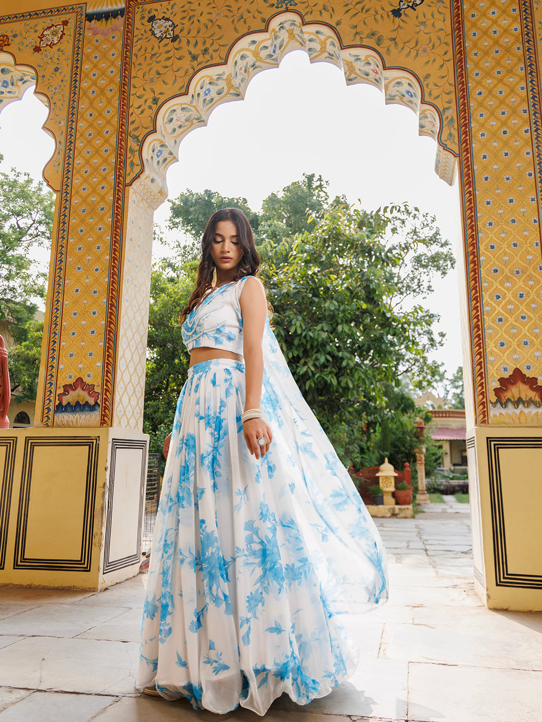 Hawaiian White Blue Floral Printed Chiffon Lehenga Set With Jacket  - By Ragavi - qivii