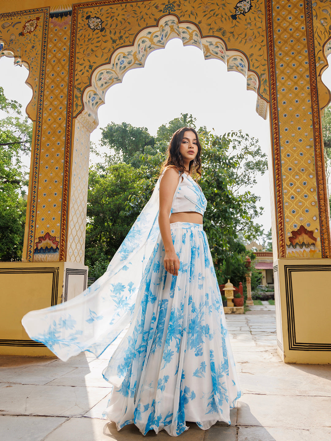 Hawaiian White Blue Floral Printed Chiffon Lehenga Set With Jacket  - By Ragavi - qivii