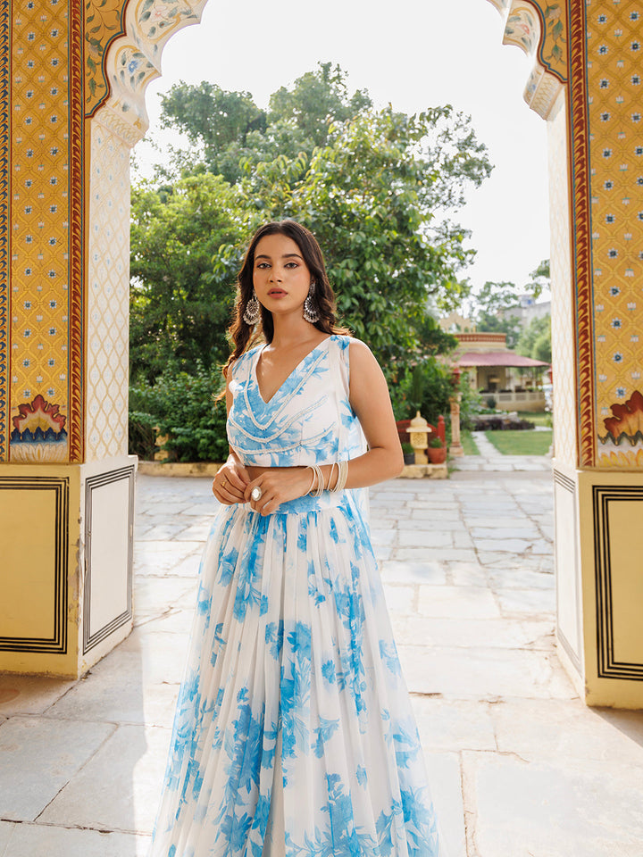 Beautiful Hawaiian white and blue floral printed chiffon lehenga set by Ragavi, perfect for summer weddings and special occasions