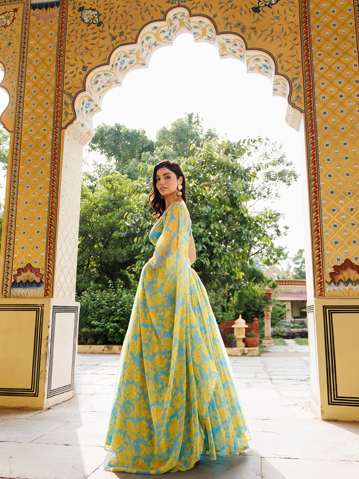 Aqua Bay Blue Yellow Floral Printed Chiffon Lehenga Set  - By Ragavi