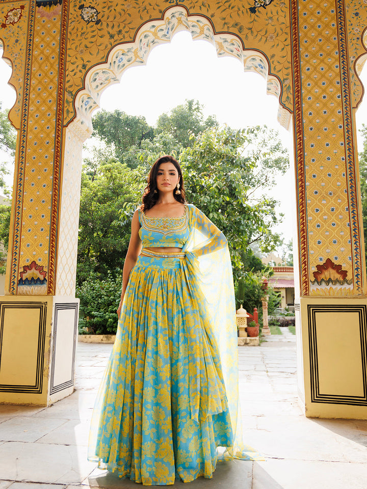 Aqua Bay Blue Yellow Floral Printed Chiffon Lehenga Set  - By Ragavi