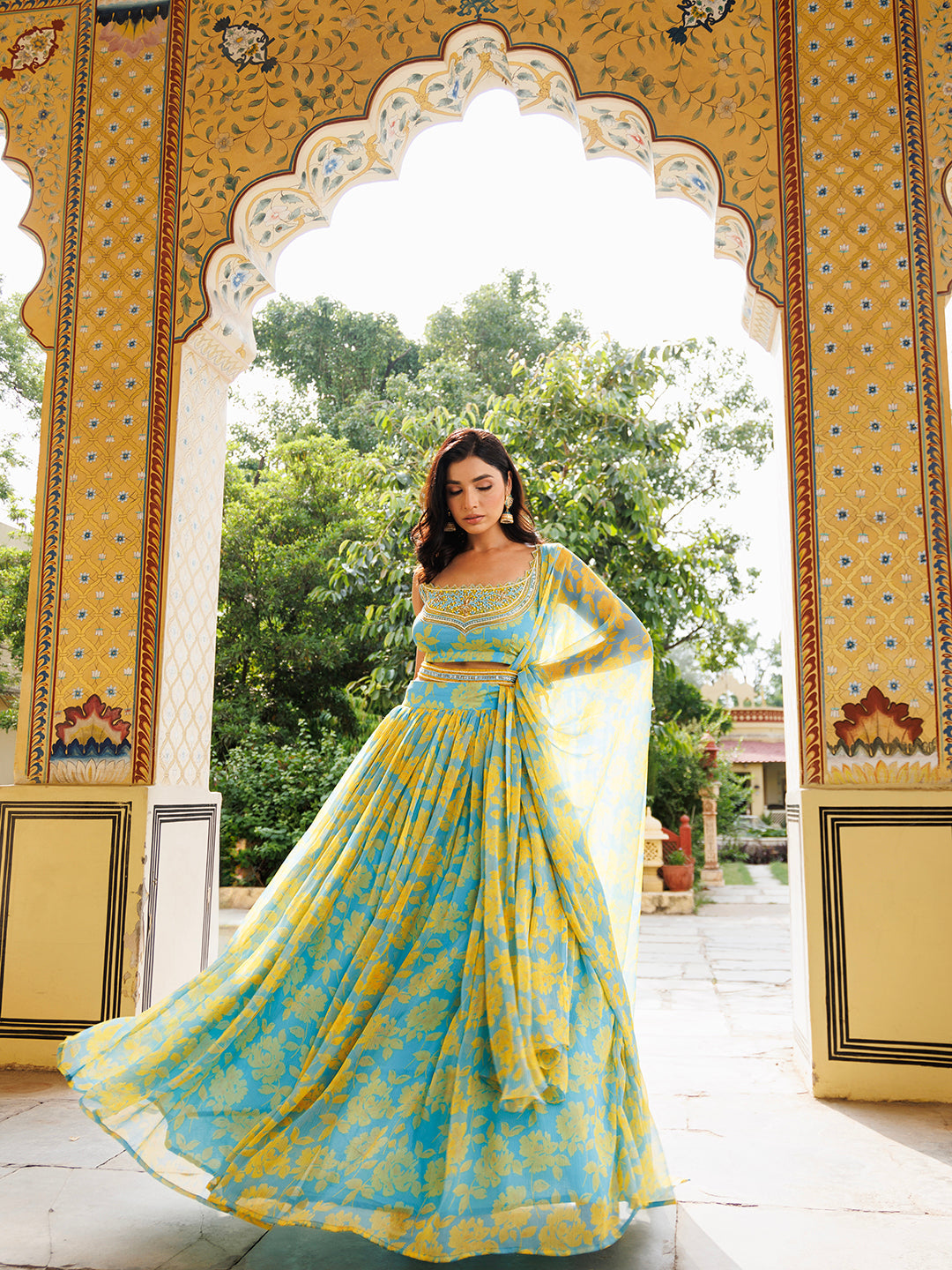 Aqua Bay Blue Yellow Floral Printed Chiffon Lehenga Set - By Ragavi, a beautiful and vibrant traditional Indian outfit perfect for special occasions and celebrations