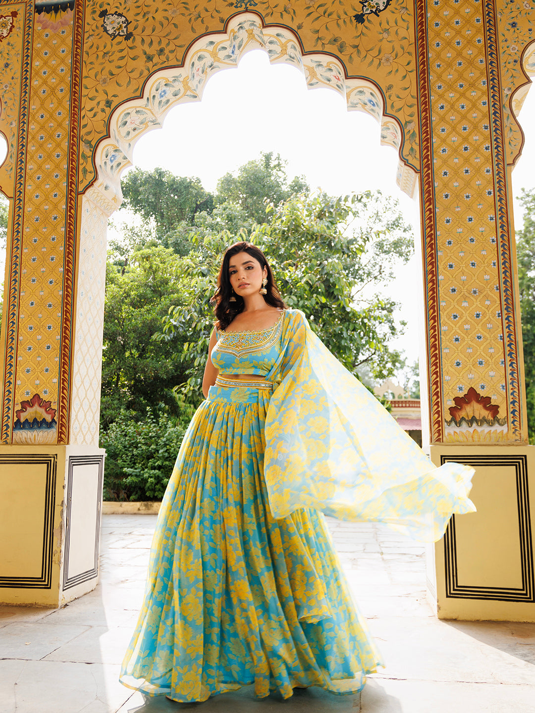 Aqua Bay Blue Yellow Floral Printed Chiffon Lehenga Set  - By Ragavi