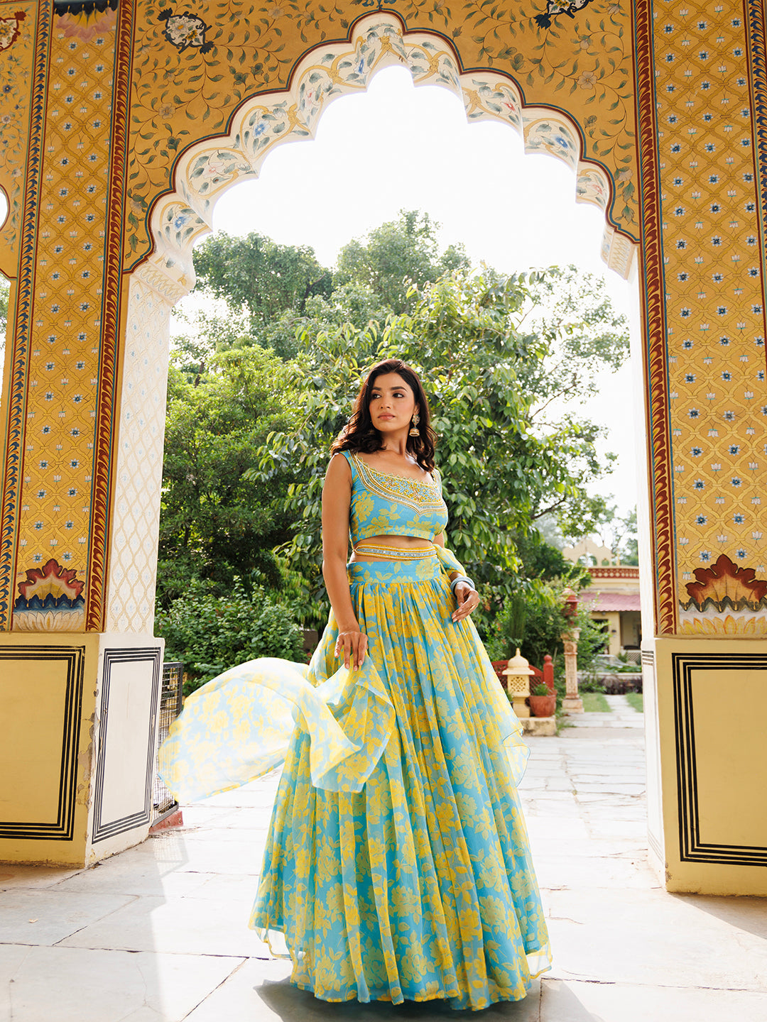 Chic Aqua Bay Blue Yellow Floral Printed Chiffon Lehenga Set