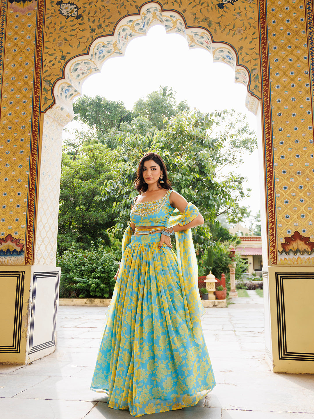 Fashionable Ragavi Aqua Bay Blue Yellow Floral Printed Lehenga Set