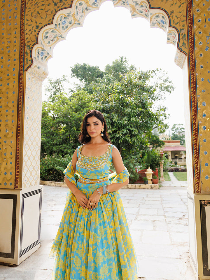 Aqua Bay Blue Yellow Floral Printed Chiffon Lehenga Set  - By Ragavi