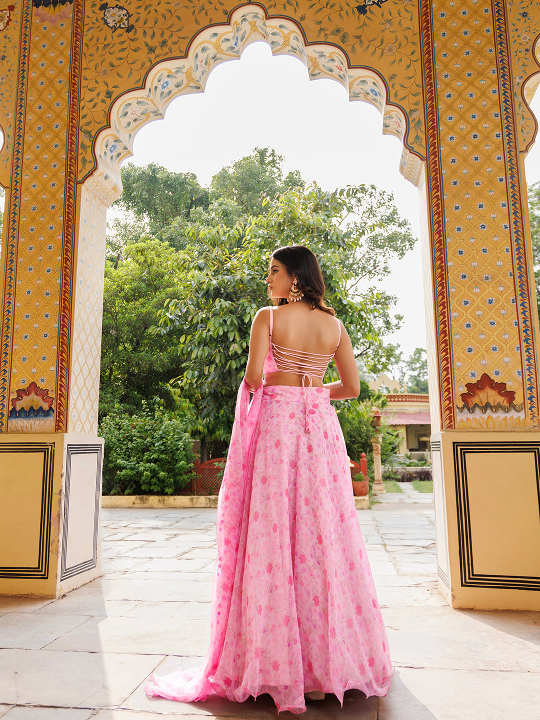 Stunning pink floral printed lehenga set with intricate design