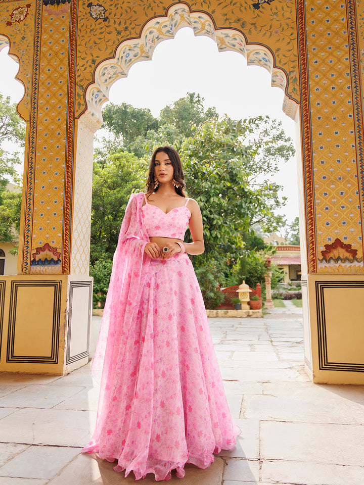 Tender Touch Pink Floral Printed Chiffon Lehenga Set  - By Ragavi