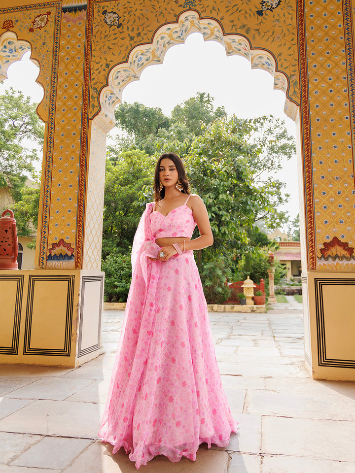 Tender Touch Pink Floral Printed Chiffon Lehenga Set  - By Ragavi