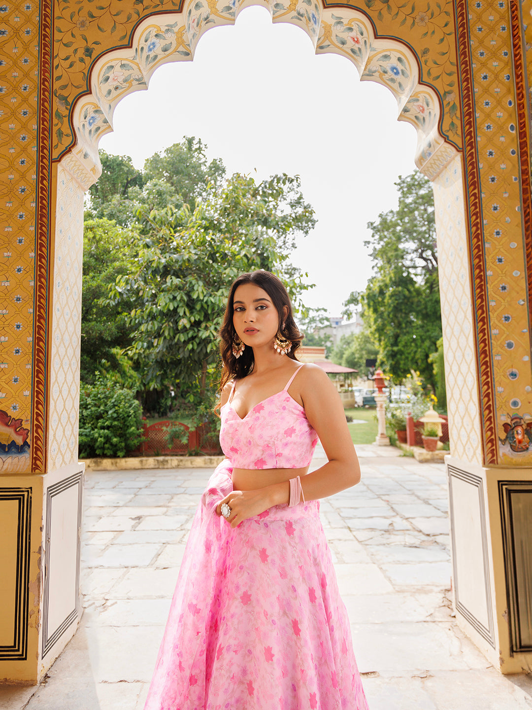 Exquisite pink floral printed chiffon lehenga set for women