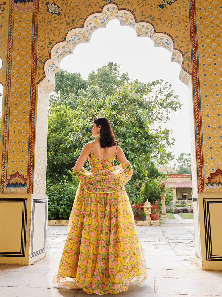 Lemon Chrome Yellow Floral Printed Chiffon Lehenga Set  - By Ragavi