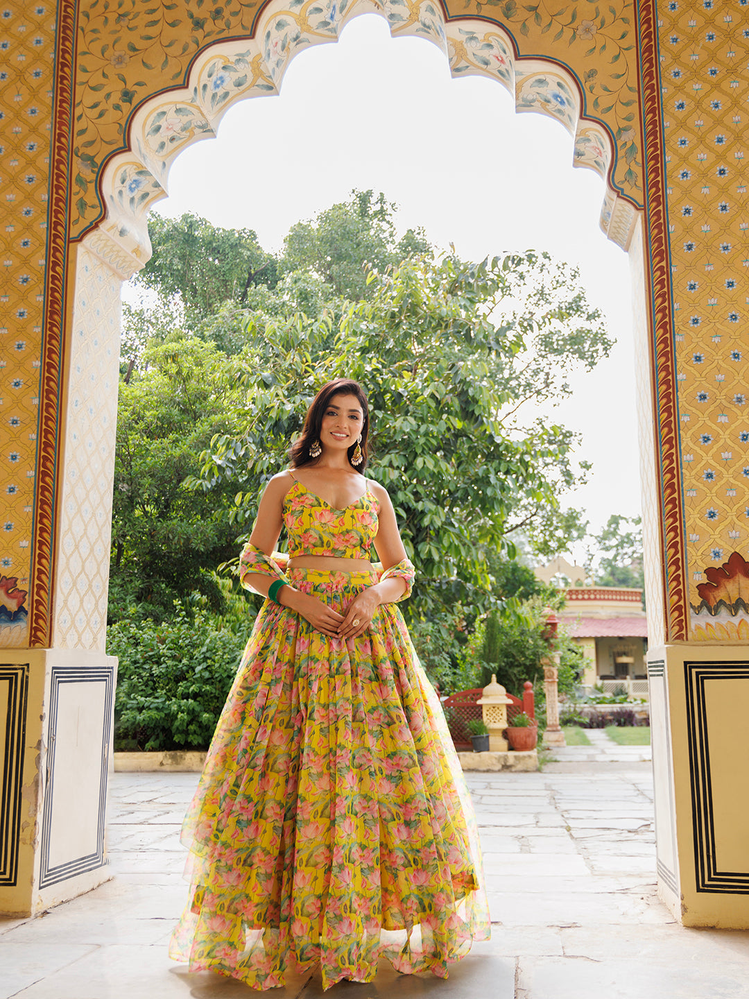 Lemon Chrome Yellow Floral Printed Chiffon Lehenga Set - By Ragavi - Beautifully designed traditional Indian outfit with intricate floral patterns and vibrant colors