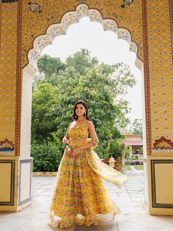 Yellow floral printed chiffon lehenga set with matching blouse