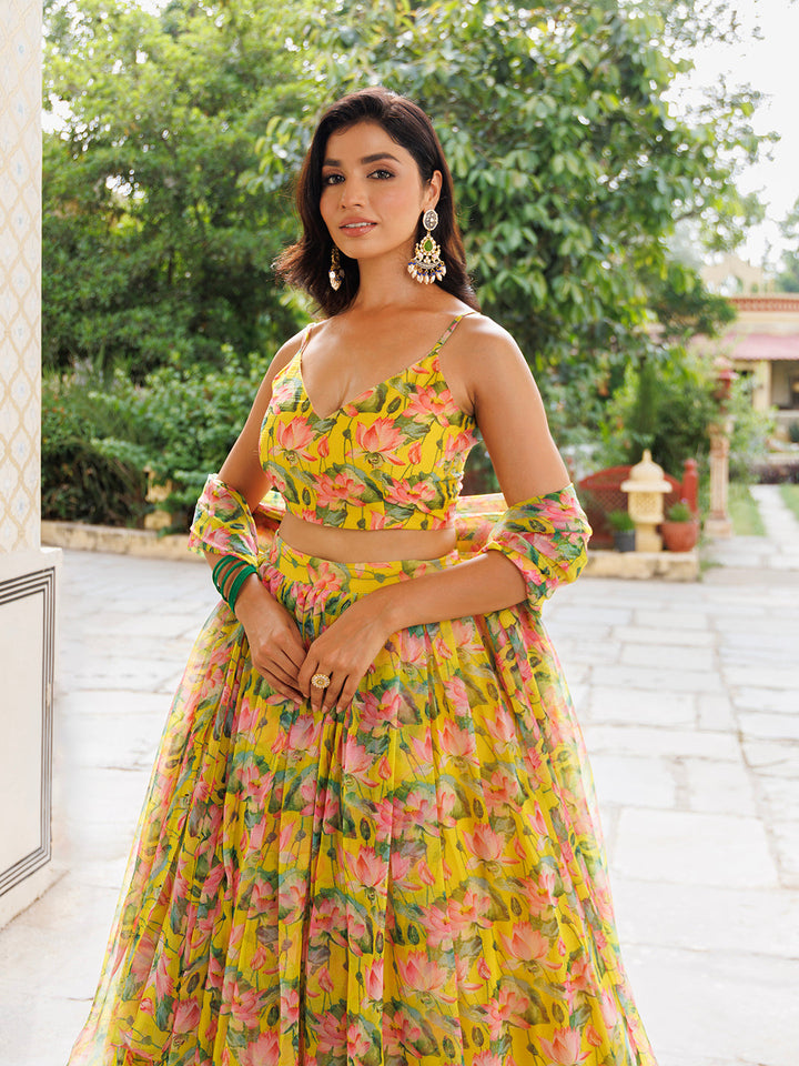 Lemon Chrome Yellow Floral Printed Chiffon Lehenga Set  - By Ragavi