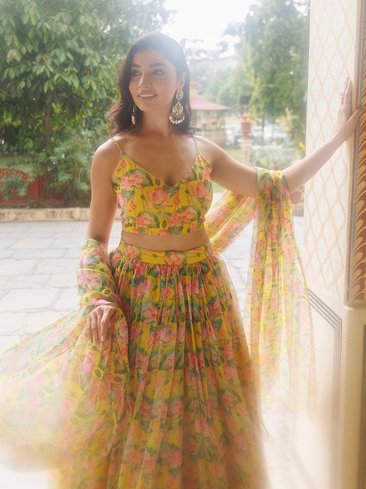 Lemon Chrome Yellow Floral Printed Chiffon Lehenga Set  - By Ragavi