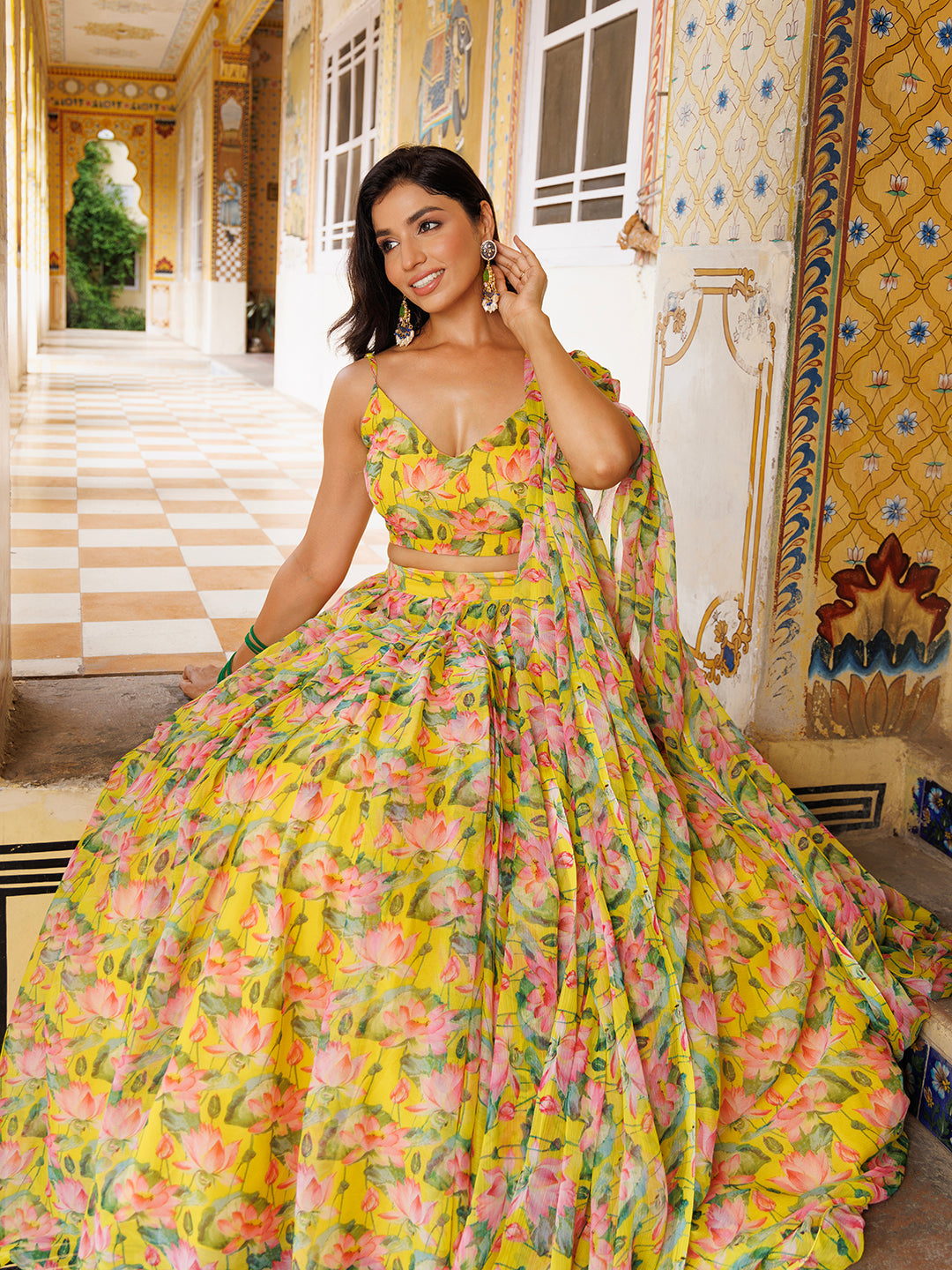 Lemon Chrome Yellow Floral Printed Chiffon Lehenga Set  - By Ragavi