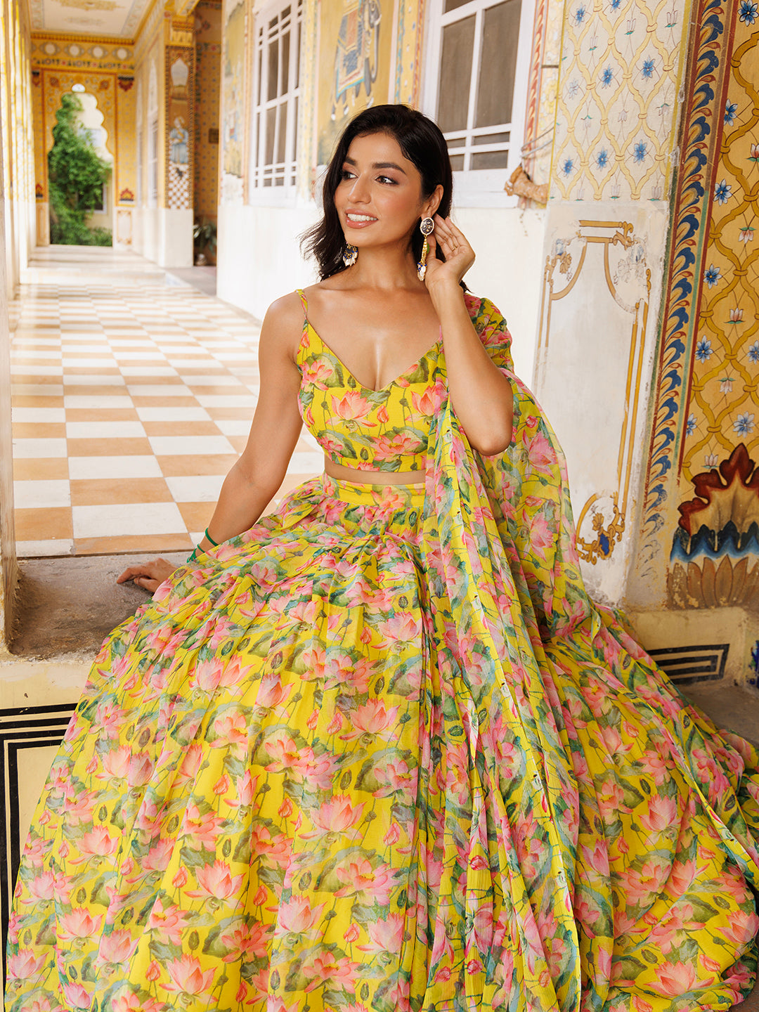 Lemon Chrome Yellow Floral Printed Chiffon Lehenga Set  - By Ragavi