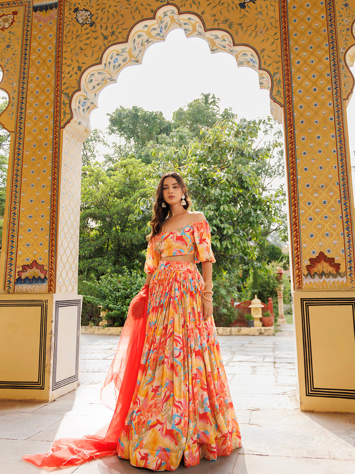 Yellow and Red Chinon Lehenga  - By Ragavi