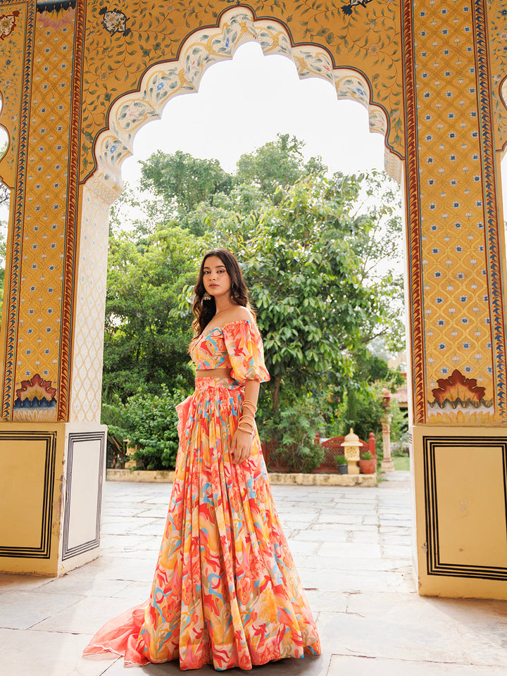 Yellow and Red Chinon Lehenga  - By Ragavi