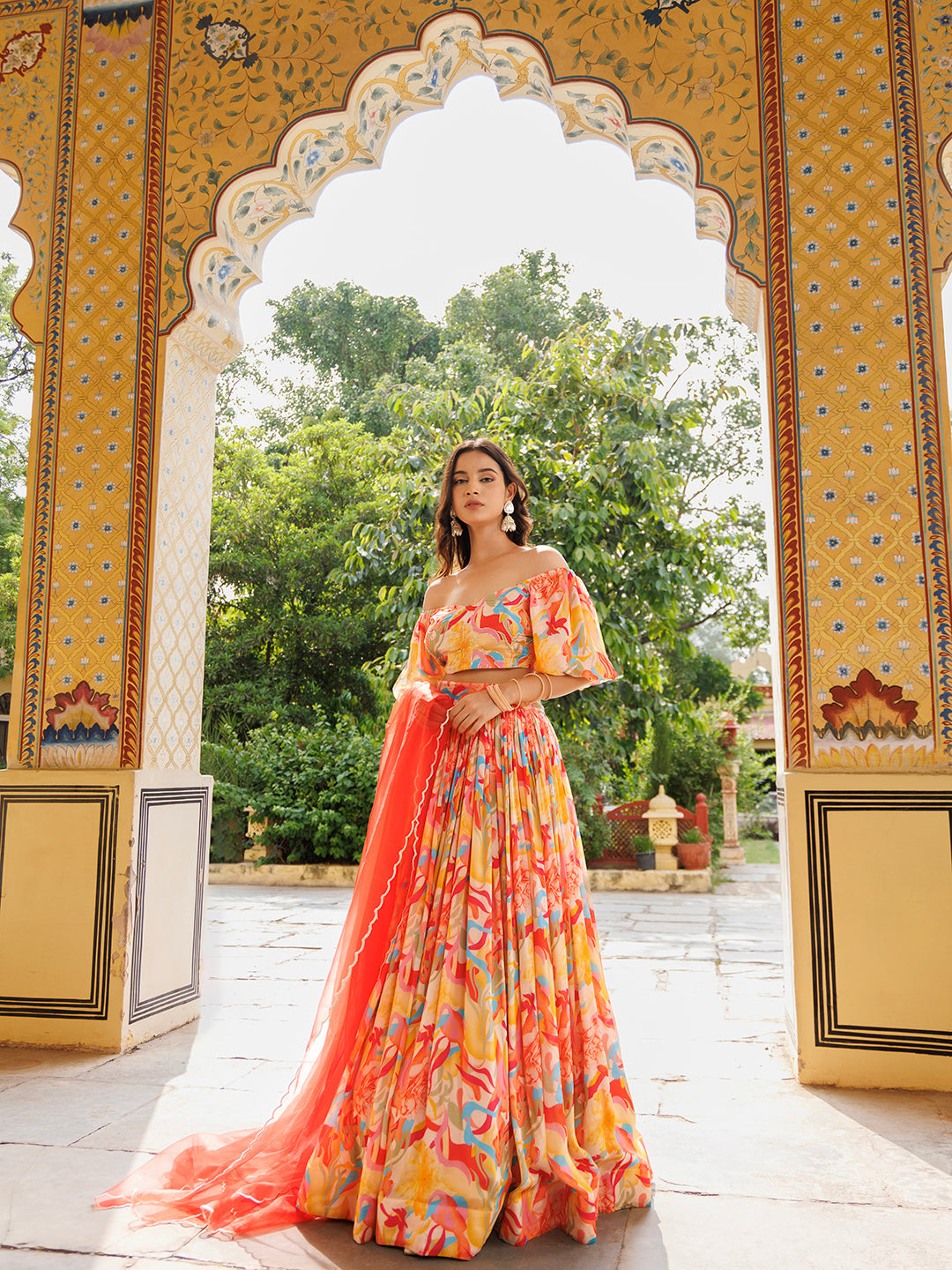 Yellow and Red Chinon Lehenga  - By Ragavi