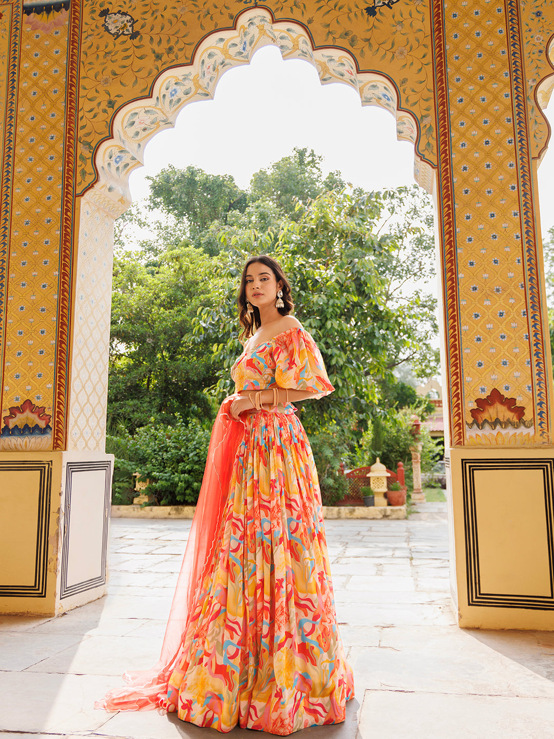 Yellow and Red Chinon Lehenga  - By Ragavi