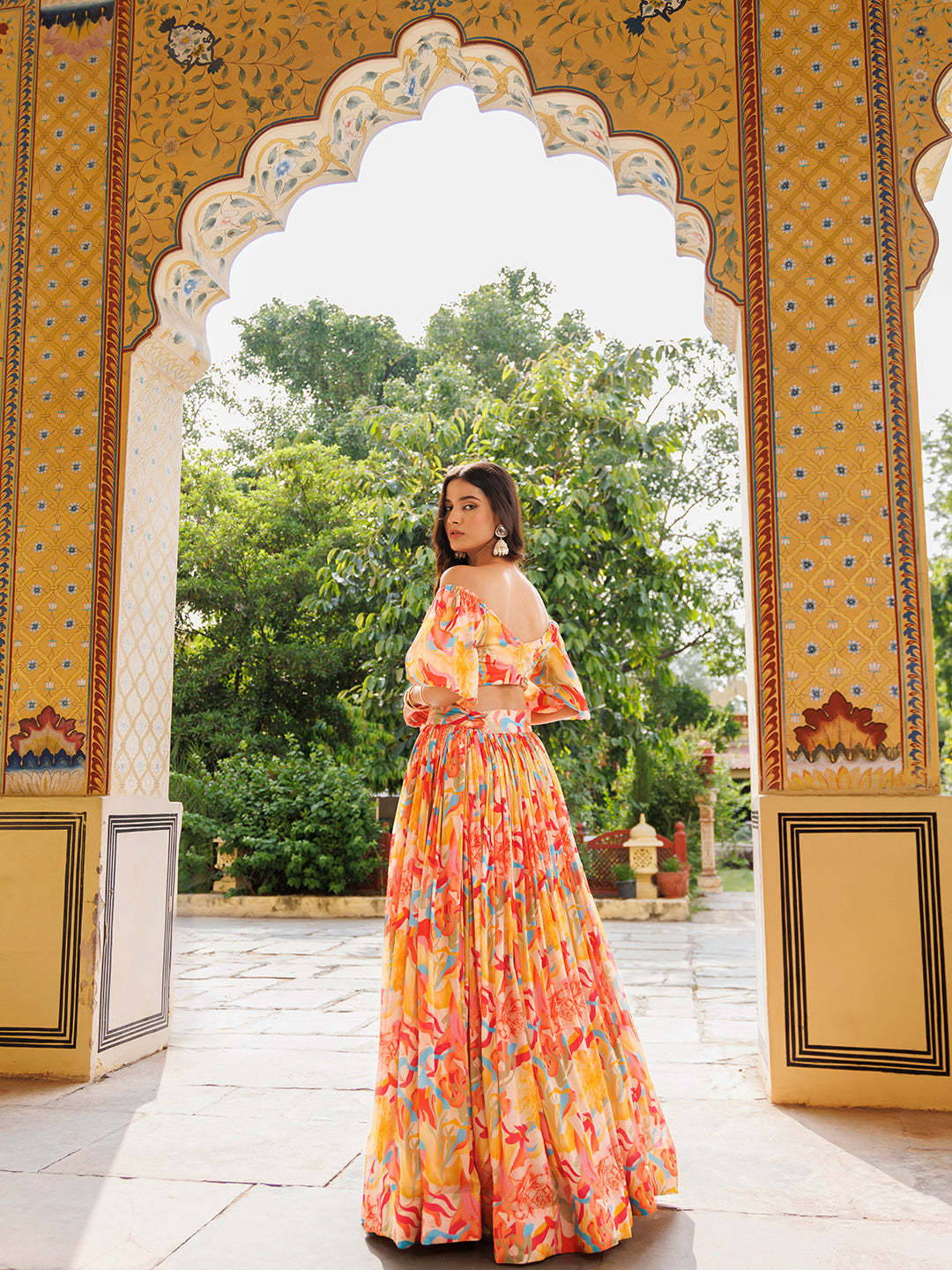 Yellow and Red Chinon Lehenga  - By Ragavi